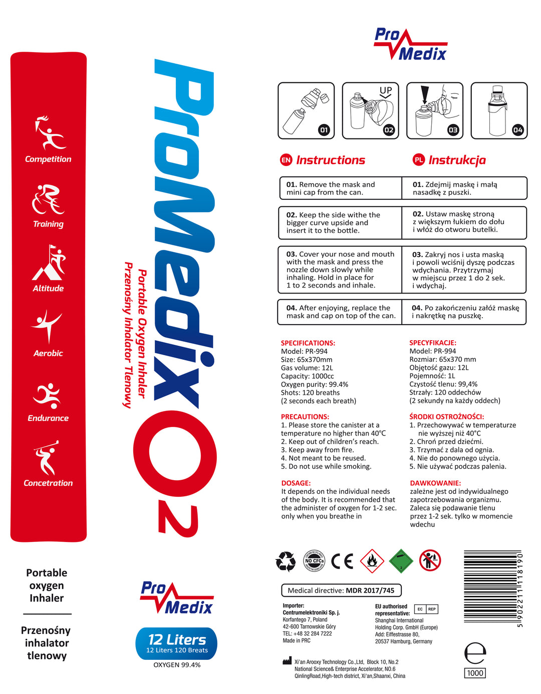 Hordozható 99,4%-os oxigén inhaláló konzerv Promedix 12L, PR-994, 5 db
