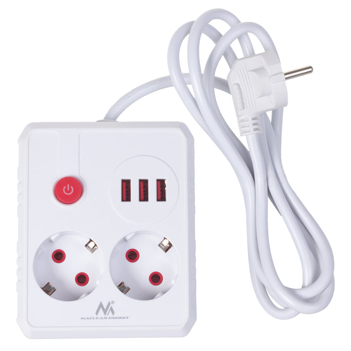 Maclean konnektor, hosszabbító kábel 2 aljzat + 3xUSB, 110-240V AC 50/60Hz, 2.1A max 2500W, 1.5m, fehér, MCE387 W