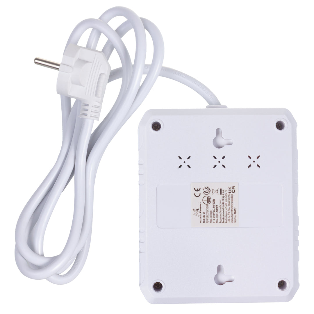 Maclean konnektor, hosszabbító kábel 2 aljzat + 3xUSB, 110-240V AC 50/60Hz, 2.1A max 2500W, 1.5m, fehér, MCE387 W