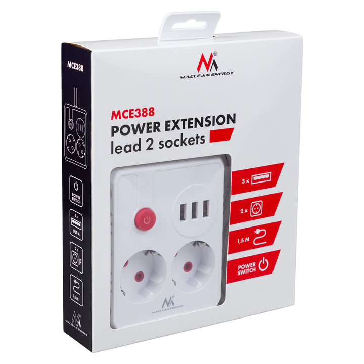 Maclean konnektor, hosszabbító kábel 2 aljzat + 3xUSB, 110-240V AC 50/60Hz, 2.1A max 2500W, 1.5m, fehér, MCE387 W
