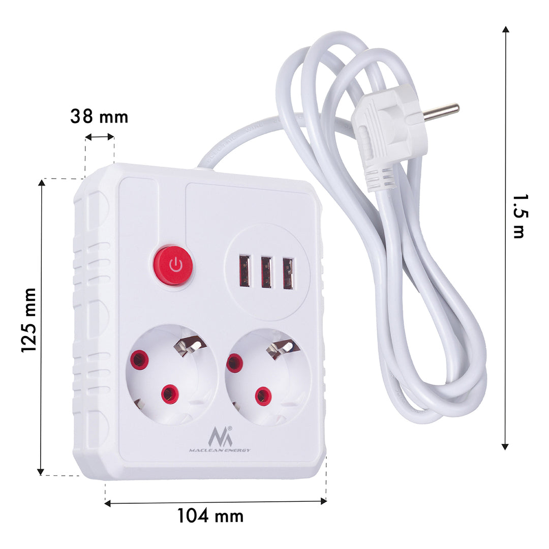 Maclean konnektor, hosszabbító kábel 2 aljzat + 3xUSB, 110-240V AC 50/60Hz, 2.1A max 2500W, 1.5m, fehér, MCE387 W