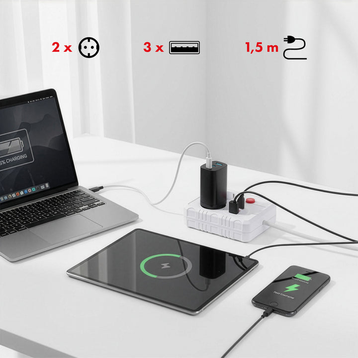 Maclean konnektor, hosszabbító kábel 2 aljzat + 3xUSB, 110-240V AC 50/60Hz, 2.1A max 2500W, 1.5m, fehér, MCE387 W