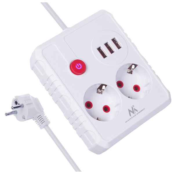 Maclean konnektor, hosszabbító kábel 2 aljzat + 3xUSB, 110-240V AC 50/60Hz, 2.1A max 2500W, 1.5m, fehér, MCE387 W