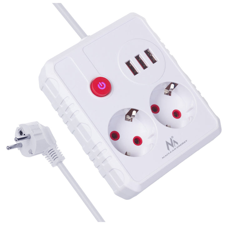 Maclean konnektor, hosszabbító kábel 2 aljzat + 3xUSB, 110-240V AC 50/60Hz, 2.1A max 2500W, 1.5m, fehér, MCE387 W