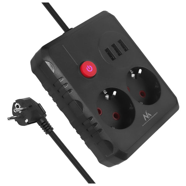 Maclean konnektor, 2 csatlakozós hosszabbító kábel + 3xUSB, 110-240V AC 50/60Hz, 2.1A max 2500W, 1.5m, fekete, MCE387 B