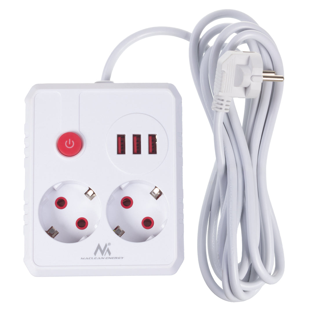Maclean konnektor, hosszabbító kábel 2 aljzat + 3xUSB, 110-240V AC 50/60Hz, 2.1A max 2500W, 3 m, fehér, MCE388 W