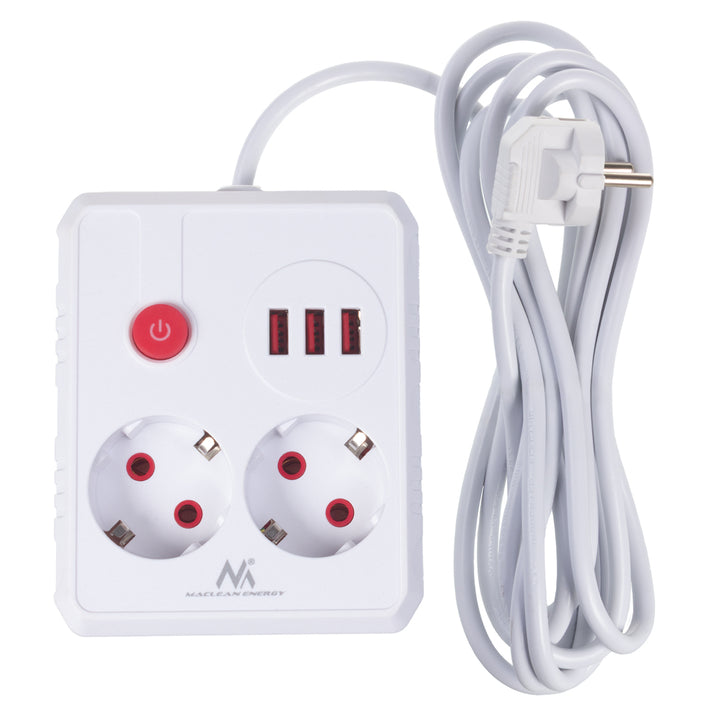 Maclean konnektor, hosszabbító kábel 2 aljzat + 3xUSB, 110-240V AC 50/60Hz, 2.1A max 2500W, 3 m, fehér, MCE388 W