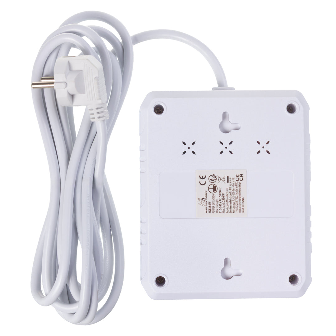Maclean konnektor, hosszabbító kábel 2 aljzat + 3xUSB, 110-240V AC 50/60Hz, 2.1A max 2500W, 3 m, fehér, MCE388 W