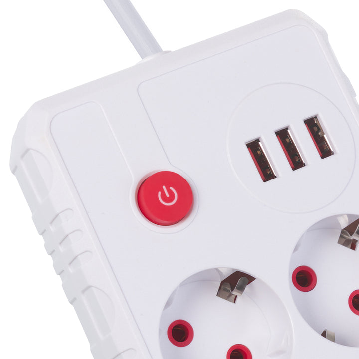 Maclean konnektor, hosszabbító kábel 2 aljzat + 3xUSB, 110-240V AC 50/60Hz, 2.1A max 2500W, 3 m, fehér, MCE388 W
