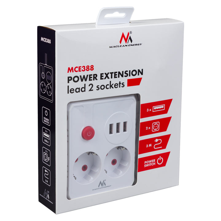 Maclean konnektor, hosszabbító kábel 2 aljzat + 3xUSB, 110-240V AC 50/60Hz, 2.1A max 2500W, 3 m, fehér, MCE388 W