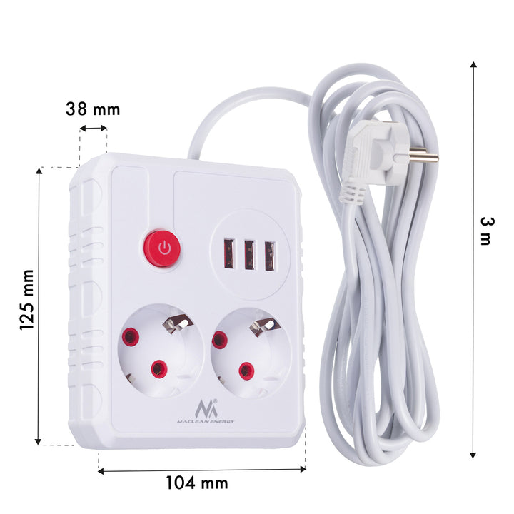 Maclean konnektor, hosszabbító kábel 2 aljzat + 3xUSB, 110-240V AC 50/60Hz, 2.1A max 2500W, 3 m, fehér, MCE388 W