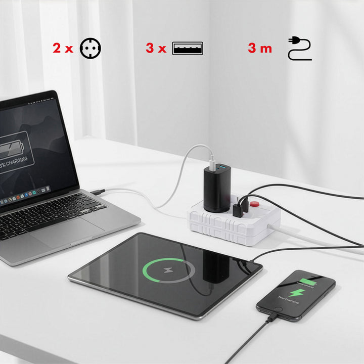 Maclean konnektor, hosszabbító kábel 2 aljzat + 3xUSB, 110-240V AC 50/60Hz, 2.1A max 2500W, 3 m, fehér, MCE388 W