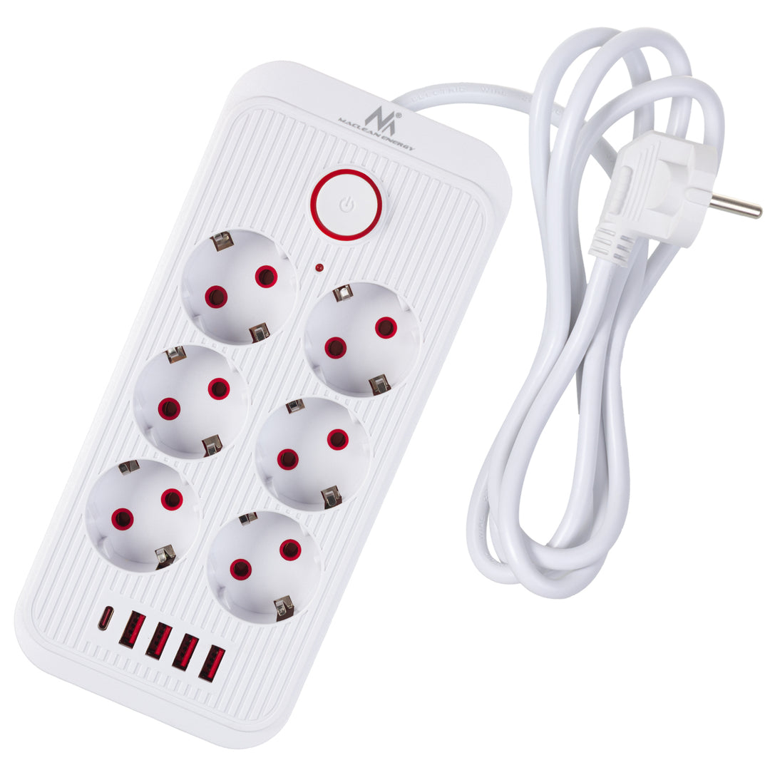 Maclean konnektor, 6 csatlakozós hosszabbító kábel + 4xUSB, 110-240V AC 50/60Hz, 2,1A max 2500W, 1,5 m, fehér, MCE389 W
