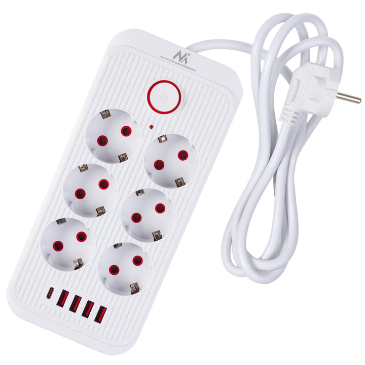 Maclean konnektor, 6 csatlakozós hosszabbító kábel + 4xUSB, 110-240V AC 50/60Hz, 2,1A max 2500W, 1,5 m, fehér, MCE389 W