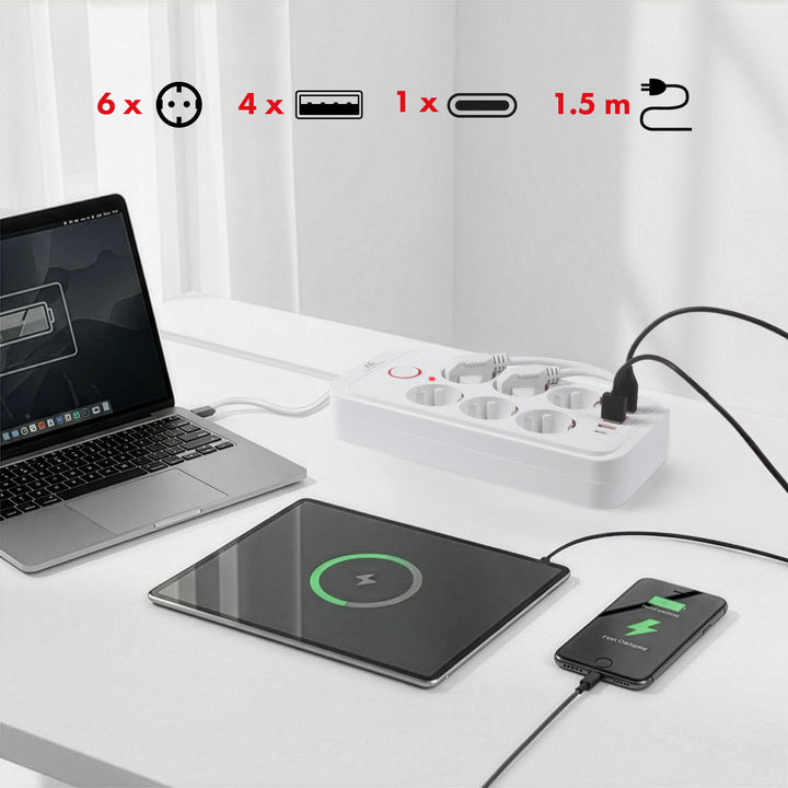 Maclean konnektor, 6 csatlakozós hosszabbító kábel + 4xUSB, 110-240V AC 50/60Hz, 2,1A max 2500W, 1,5 m, fehér, MCE389 W