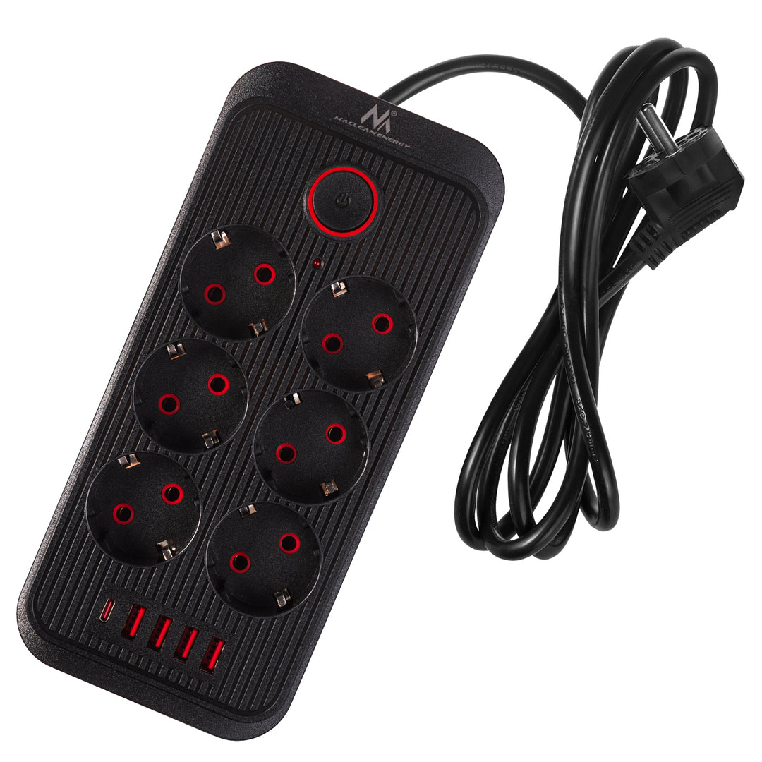 Maclean konnektor, 6 csatlakozós hosszabbító kábel + 4xUSB, 110-240V AC 50/60Hz, 2,1A max 2500W, 1,5 m, fekete, MCE389 B
