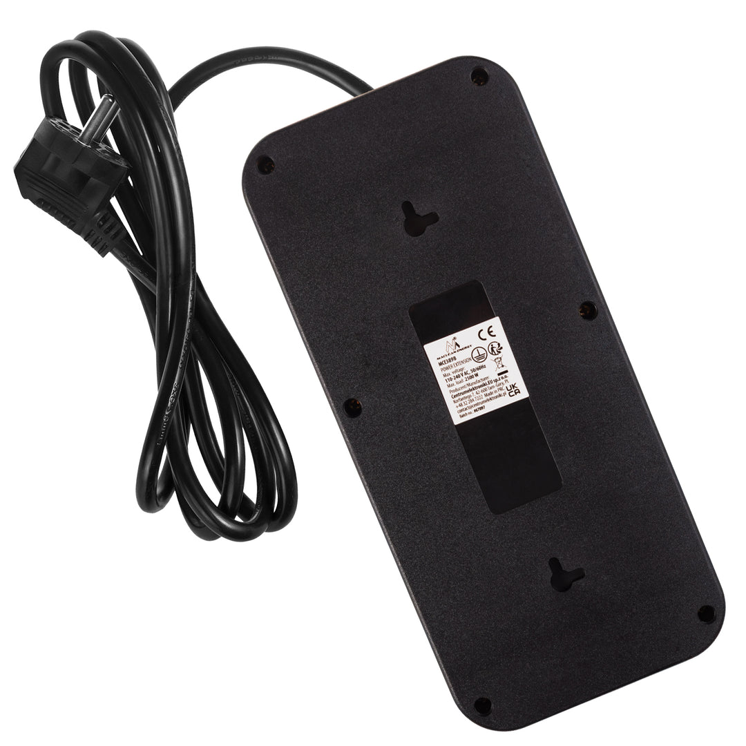 Maclean konnektor, 6 csatlakozós hosszabbító kábel + 4xUSB, 110-240V AC 50/60Hz, 2,1A max 2500W, 1,5 m, fekete, MCE389 B