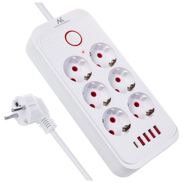 Maclean hálózati szalag, 6 aljzatos hosszabbító kábel + 4xUSB, 110-240V AC 50/60Hz, 2.1A max 2500W, 3m, fehér, MCE391 W