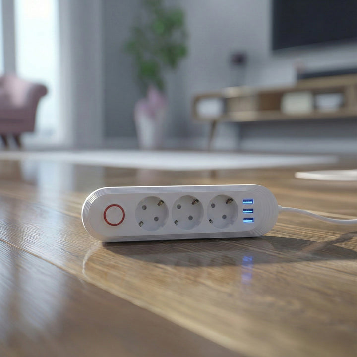 Maclean konnektor, 3 csatlakozós hosszabbító kábel + 3xUSB, 110-240V AC 50/60Hz, 2.1A max 2500W, 1.5m, fehér, MCE394 W