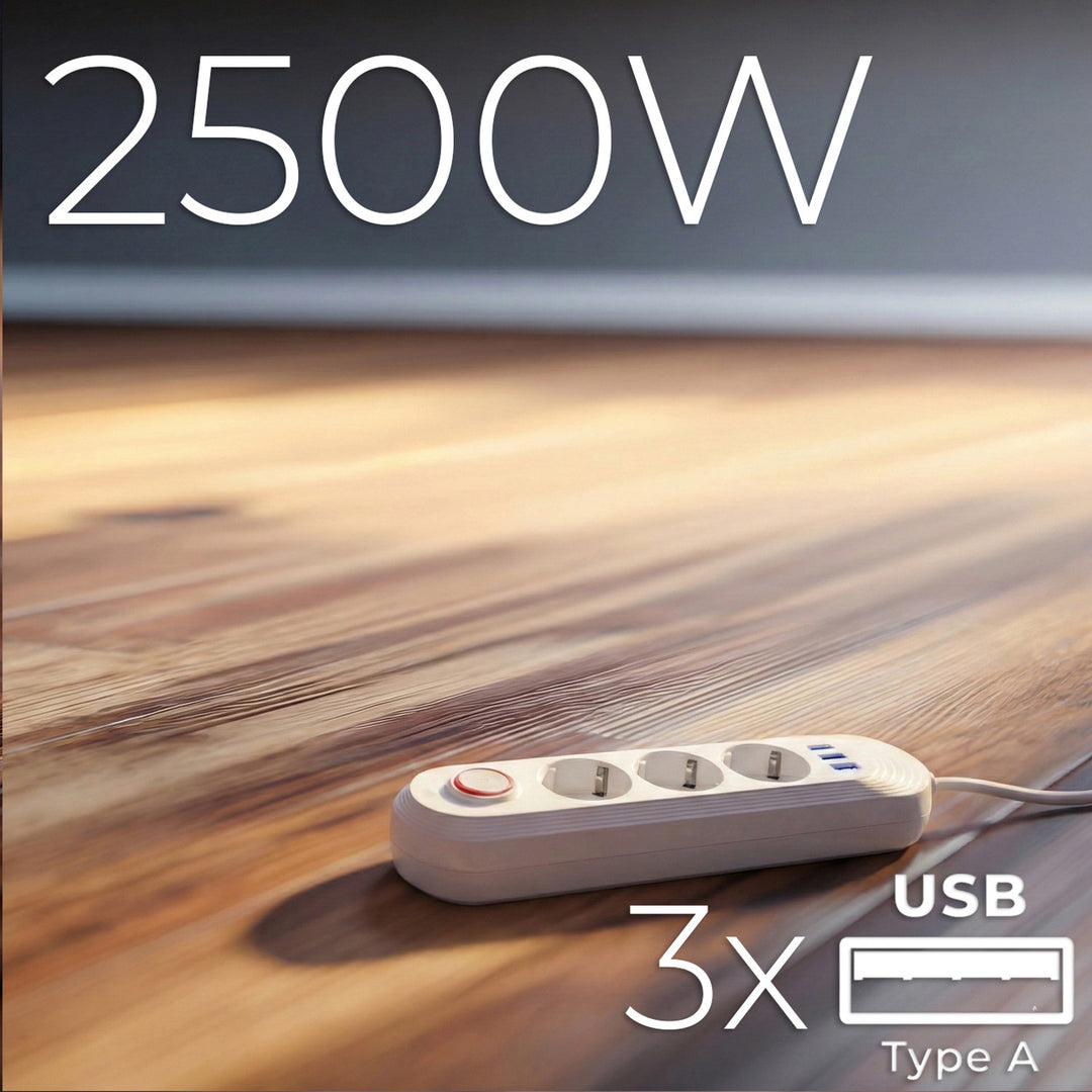 Maclean konnektor, 3 csatlakozós hosszabbító kábel + 3xUSB, 110-240V AC 50/60Hz, 2.1A max 2500W, 1.5m, fehér, MCE394 W