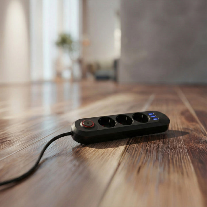 Maclean konnektor, 3 csatlakozós hosszabbító kábel + 3xUSB, 110-240V AC 50/60Hz, 2.1A max 2500W, 1.5m, fekete, MCE394 B