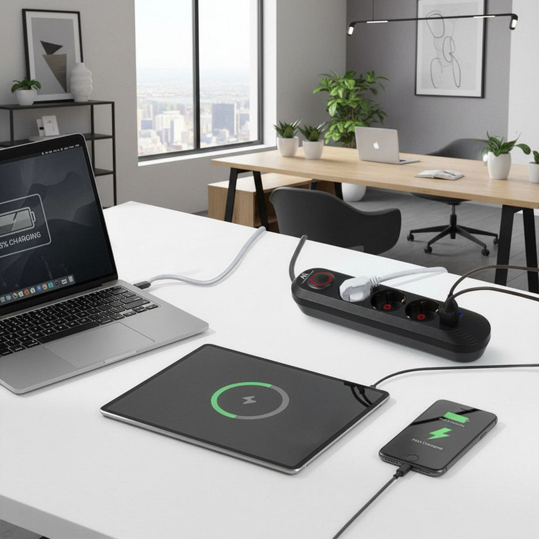 Maclean konnektor, 3 csatlakozós hosszabbító kábel + 3xUSB, 110-240V AC 50/60Hz, 2.1A max 2500W, 1.5m, fekete, MCE394 B