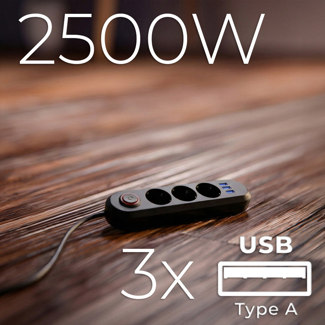 Maclean konnektor, 3 csatlakozós hosszabbító kábel + 3xUSB, 110-240V AC 50/60Hz, 2.1A max 2500W, 1.5m, fekete, MCE394 B
