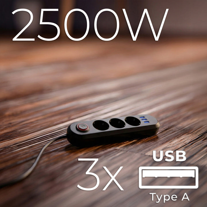 Maclean konnektor, 3 csatlakozós hosszabbító kábel + 3xUSB, 110-240V AC 50/60Hz, 2.1A max 2500W, 1.5m, fekete, MCE394 B