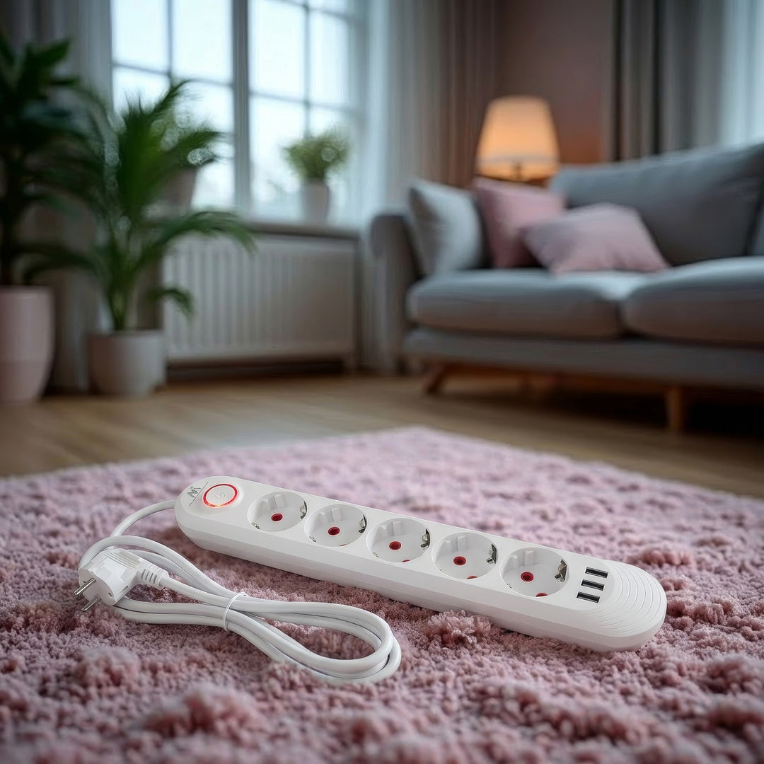 Maclean hálózati szalag, 5 aljzatos hosszabbító kábel + 3xUSB, 110-240V AC 50/60Hz, 2.1A max 2500W, 1.5m, fehér, MCE395 W
