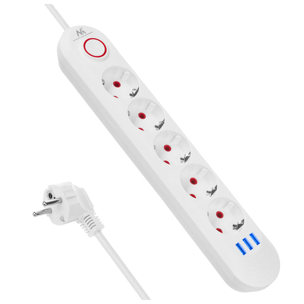 Maclean hálózati szalag, 5 aljzatos hosszabbító kábel + 3xUSB, 110-240V AC 50/60Hz, 2.1A max 2500W, 1.5m, fehér, MCE395 W