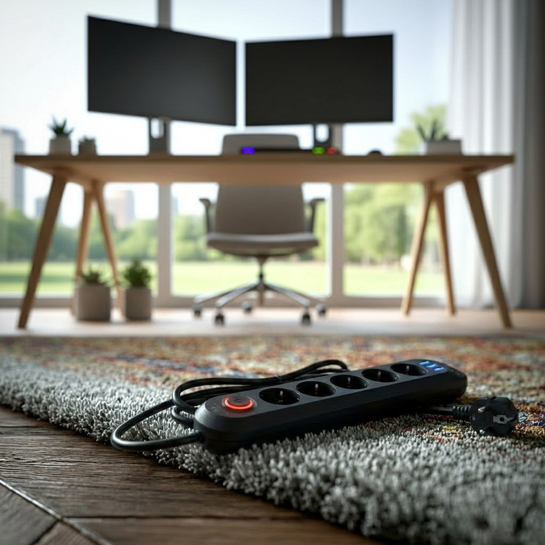 Maclean hálózati szalag, 5 aljzatos hosszabbító kábel + 3xUSB, 110-240V AC 50/60Hz, 2.1A max 2500W, 1.5m, fekete, MCE395 B