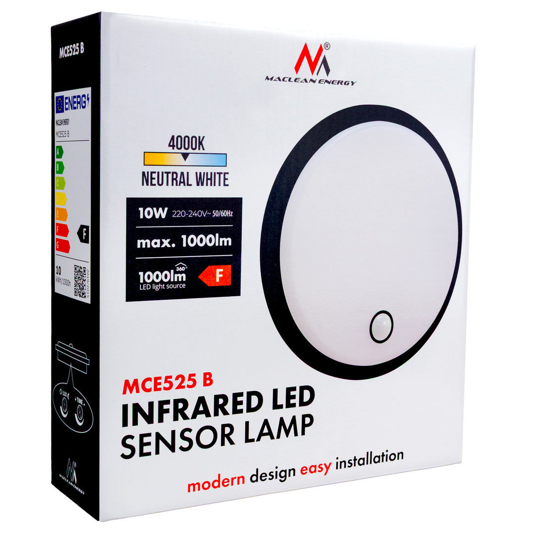 Maclean LED lámpa mozgásérzékelővel, PIR érzékelővel, fekete, 10 W, IP65, 1000 lm, semleges színű, MCE525 B