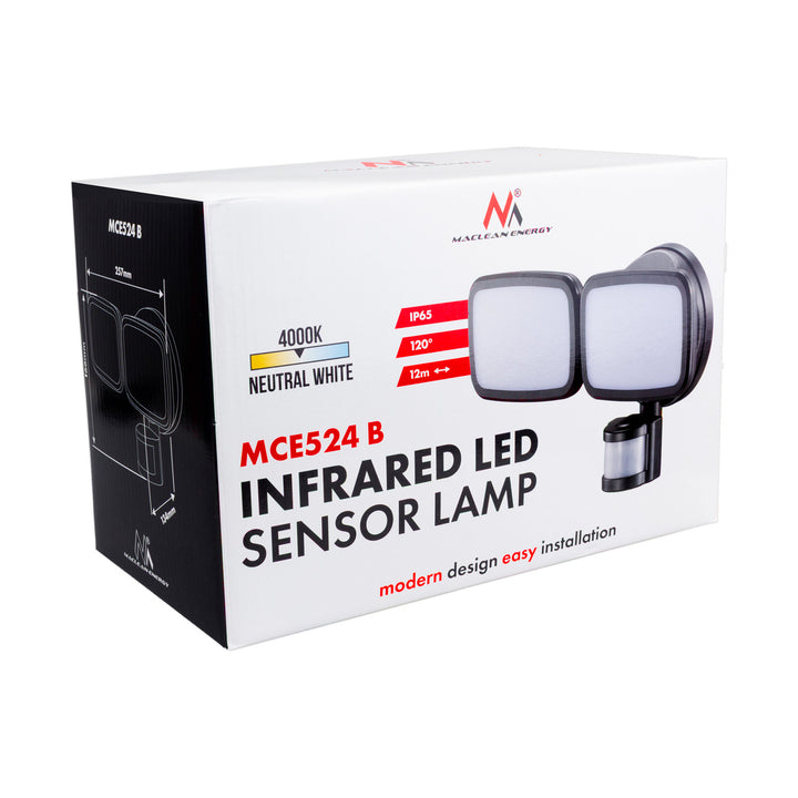 Maclean LED fali lámpa, PIR érzékelővel, 20 W, 1500 lm, IP65, semleges fehér 4000 K, fekete, MCE524 B