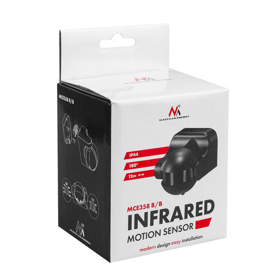 Maclean PIR mozgásérzékelő, infravörös, IP44, fekete, fekete burkolattal, hatótávolság 12 m, max. terhelés 300/1200 W, MCE358 B/B