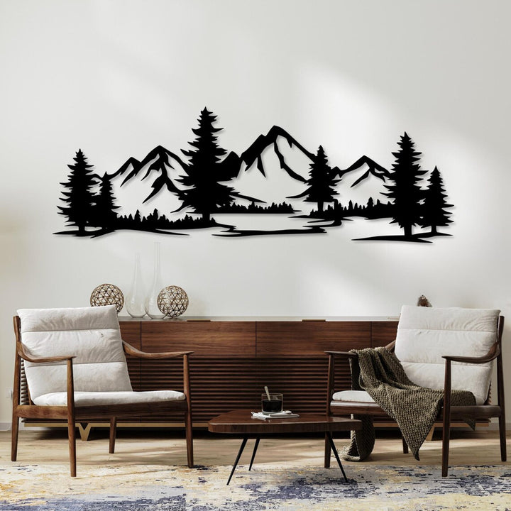 Áttetsző festmény, 3D fali dekoráció, 3D festmény "Hegyek erdővel" 200x68cm fekete