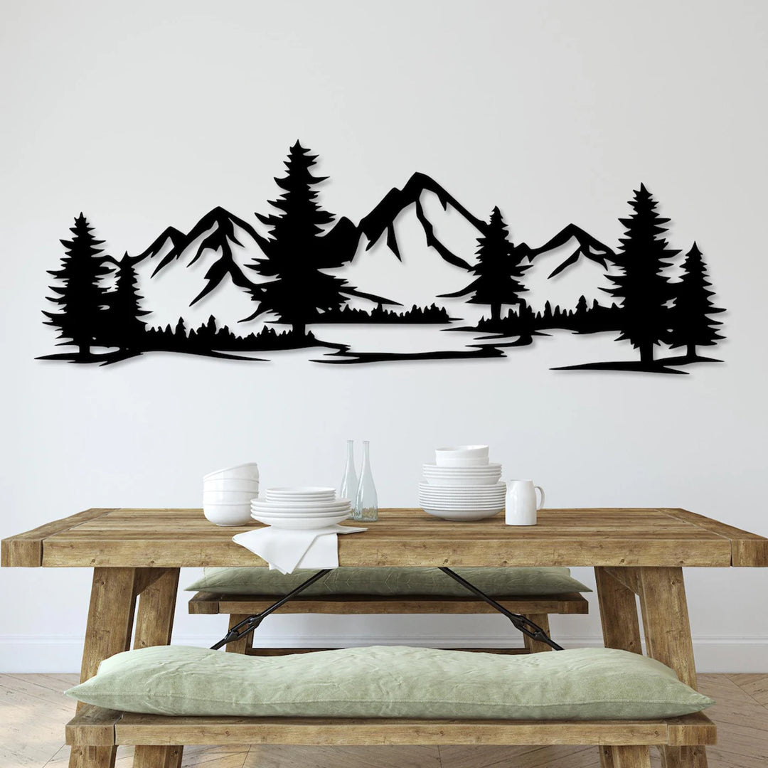 Áttetsző festmény, 3D fali dekoráció, 3D festmény "Hegyek erdővel" 200x68cm fekete