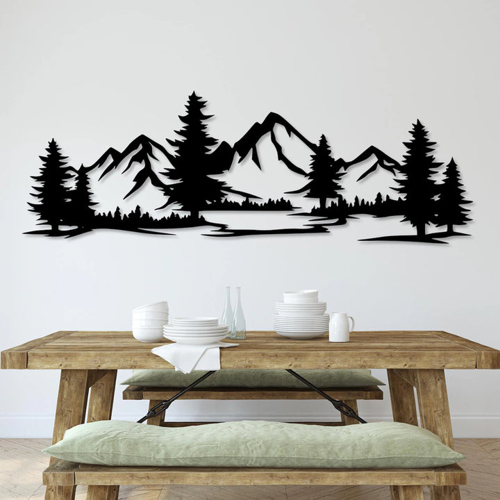 Áttetsző festmény, 3D fali dekoráció, 3D festmény "Hegyek erdővel" 200x68cm fekete