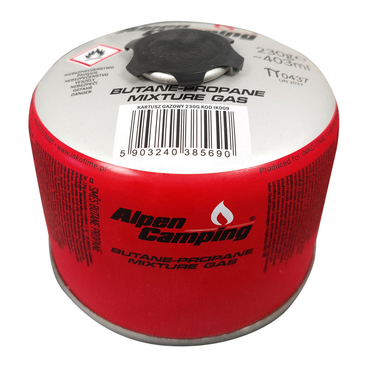 Gázpatron 230g Alpen Camping. Tanúsítvány: Pi 0656, megfelel az EN417 szabványnak, propán-bután, -10°C és +40°C közötti tartomány, 7/16" menetes szelep IK009