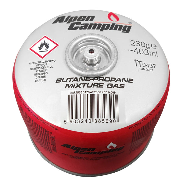 Gázpatron 230g Alpen Camping. Tanúsítvány: Pi 0656, megfelel az EN417 szabványnak, propán-bután, -10°C és +40°C közötti tartomány, 7/16" menetes szelep IK009