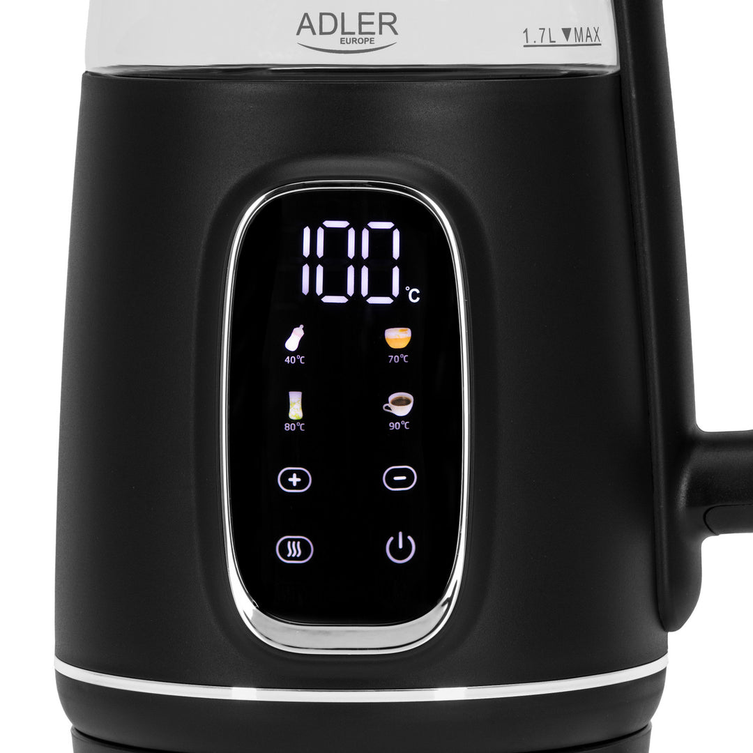 Elektromos üveg vízforraló 1.7L Adler, Fekete és ezüst, Hőmérsékletszabályozás, LED kijelző, AD 1305 bs