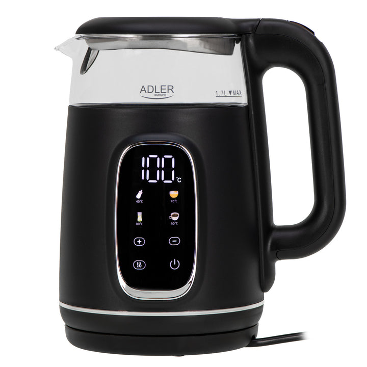 Elektromos üveg vízforraló 1.7L Adler, Fekete és ezüst, Hőmérsékletszabályozás, LED kijelző, AD 1305 bs