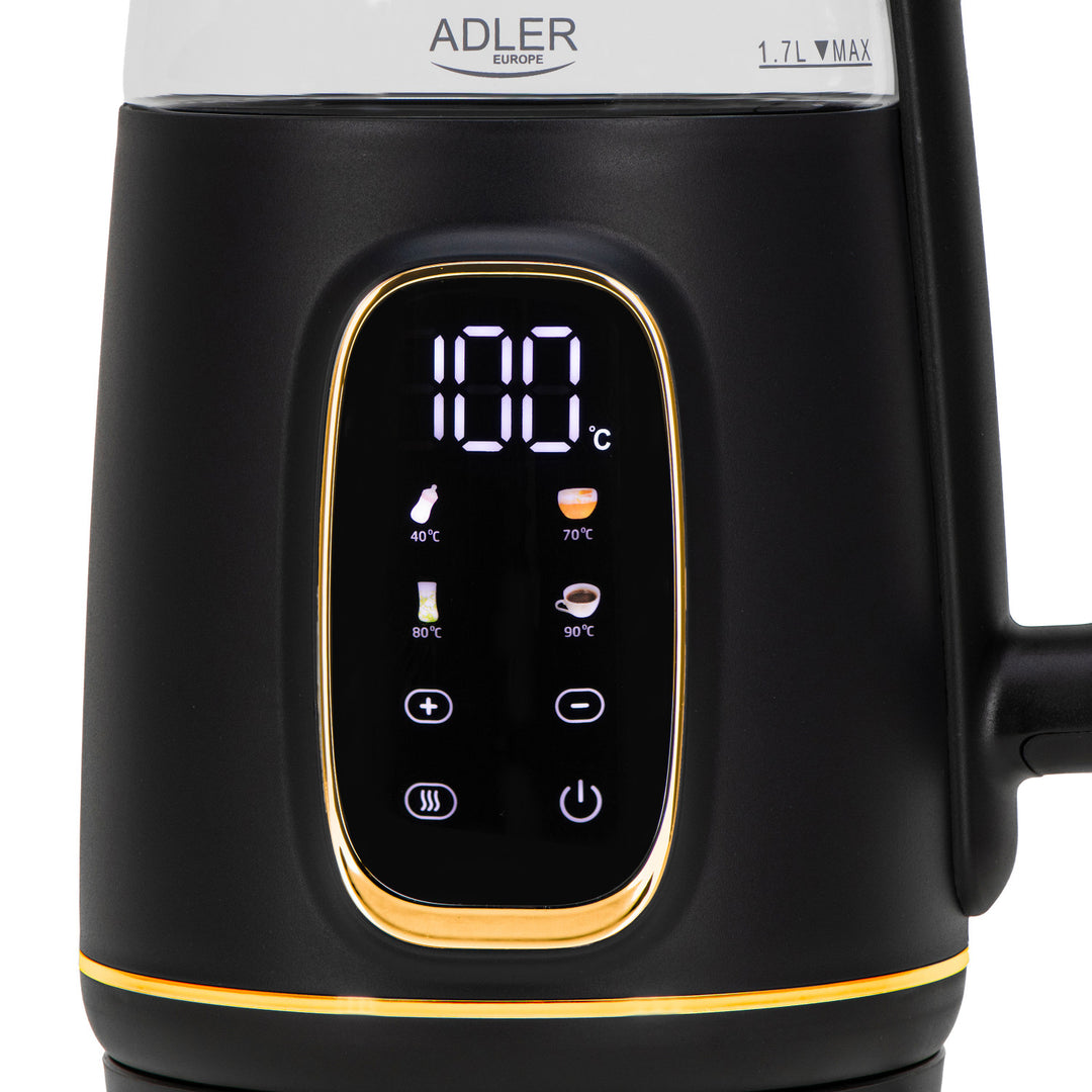 Adler elektromos üveg vízforraló 1.7L, Fekete és arany, Hőmérséklet szabályozás, LED kijelző, AD 1305 bg
