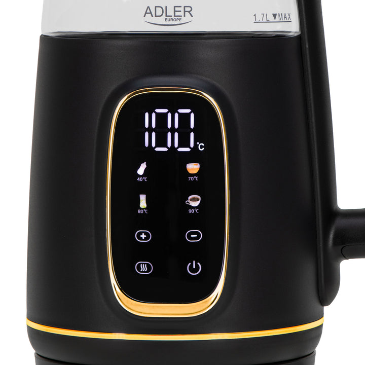 Adler elektromos üveg vízforraló 1.7L, Fekete és arany, Hőmérséklet szabályozás, LED kijelző, AD 1305 bg