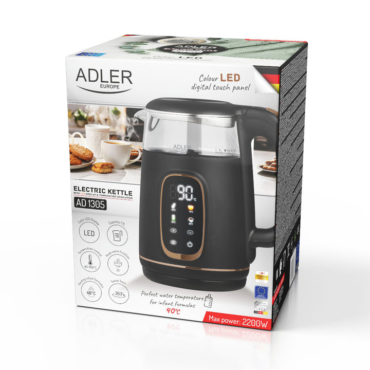 Adler elektromos üveg vízforraló 1.7L, Fekete és arany, Hőmérséklet szabályozás, LED kijelző, AD 1305 bg