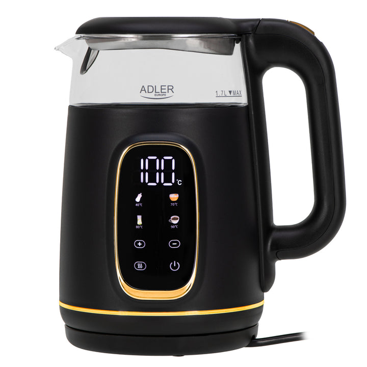 Adler elektromos üveg vízforraló 1.7L, Fekete és arany, Hőmérséklet szabályozás, LED kijelző, AD 1305 bg