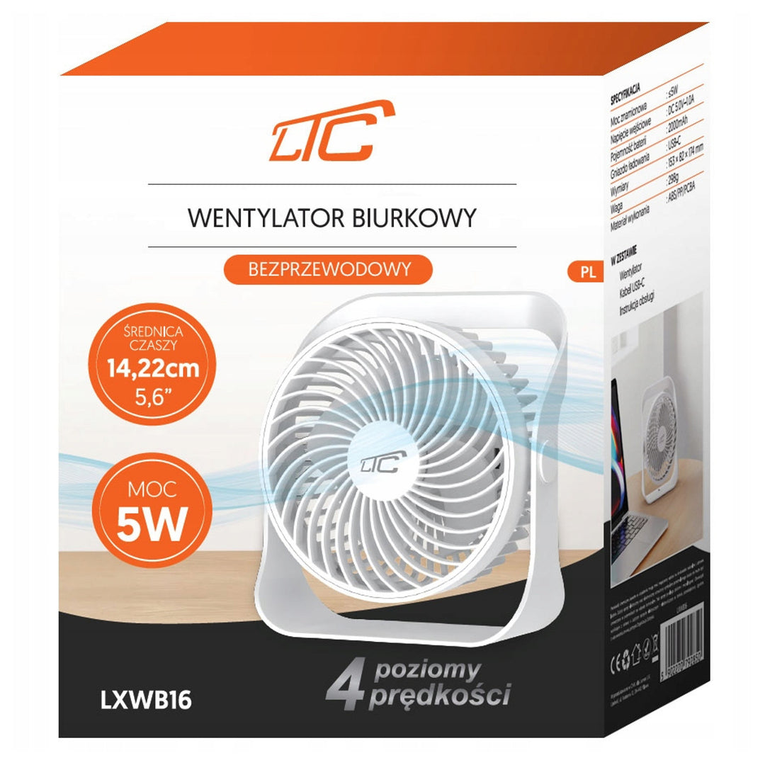LTC vezeték nélküli asztali ventilátor, USB C töltés, 4 sebességfokozat, 2000 mAh akkumulátor, LXWB16