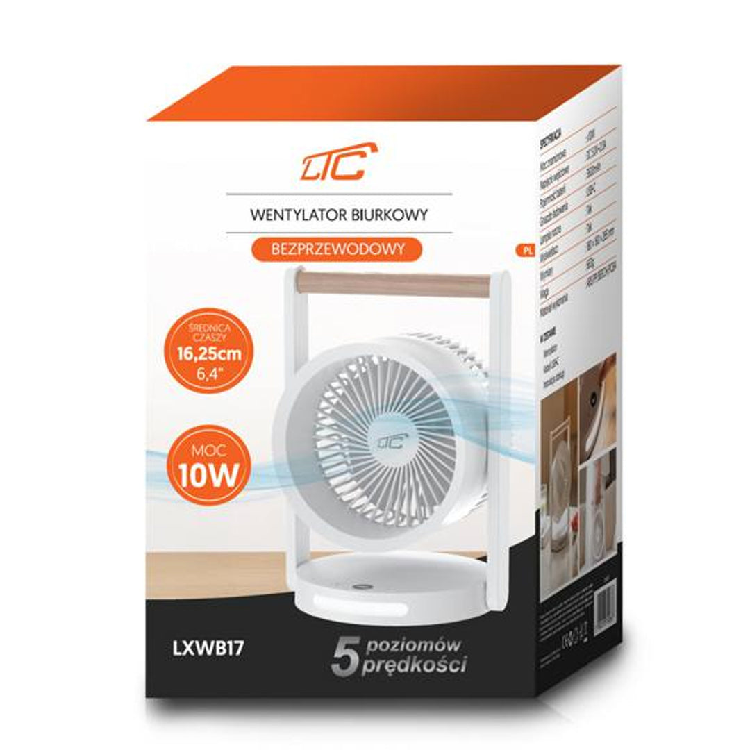 LTC vezeték nélküli asztali ventilátor, éjszakai világítással és LED kijelzővel, 5 sebességfokozat, 3600 mAh akkumulátor, LXWB17