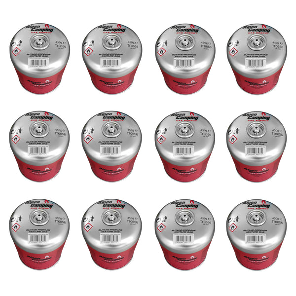 Alpen Camping 450g gázpatron. Tanúsítvány: 7/16" menetes szelep IK020, 12 db, 12 db, Pi 0437, megfelel az EN417 szabványnak, propán-bután, -10°c és + 40°c közötti tartomány, 7/16" menetes szelep IK020, 12 db