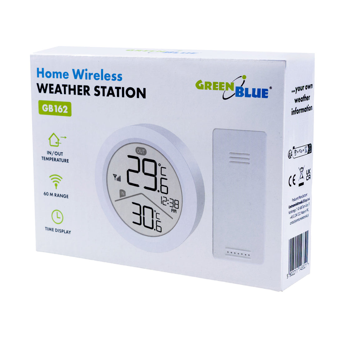 GreenBlue vezeték nélküli időjárásállomás, beltéri/kültéri hőmérséklet, óra, °C/°F választható, hatótávolság 60 m-ig, GB162