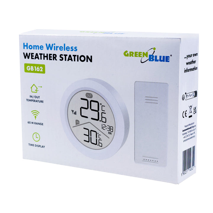 GreenBlue vezeték nélküli időjárásállomás, beltéri/kültéri hőmérséklet, óra, °C/°F választható, hatótávolság 60 m-ig, GB162